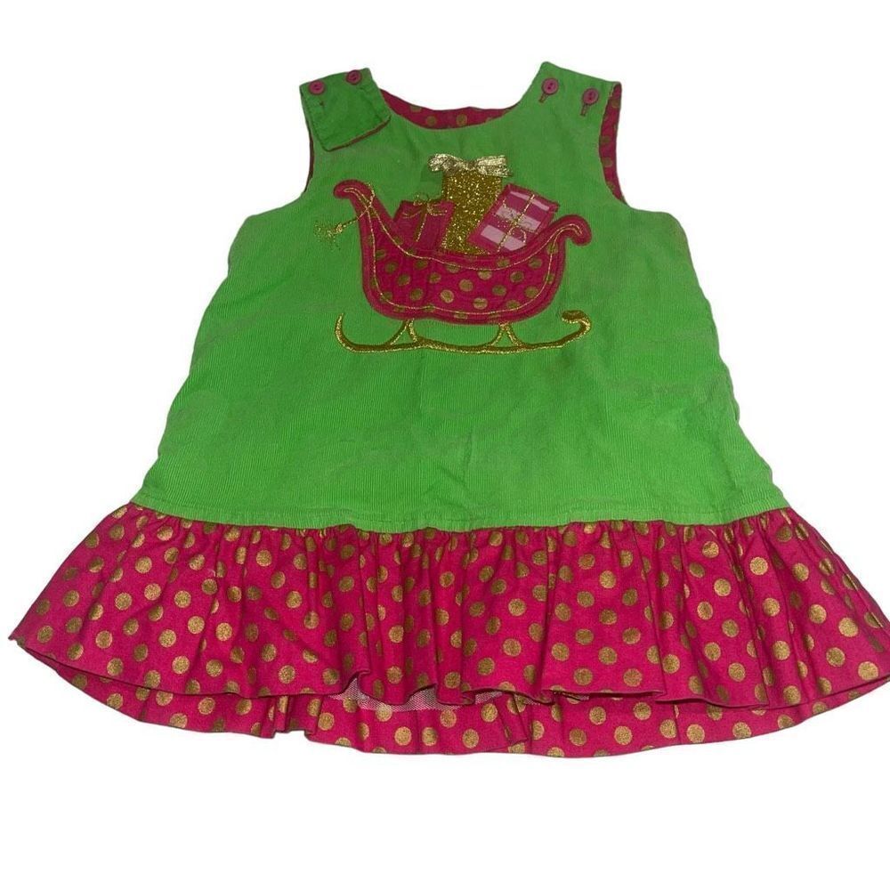 Bailey Boys Corduroy Reversible Bright Green & Pink Jumper Dress - Size 18 month